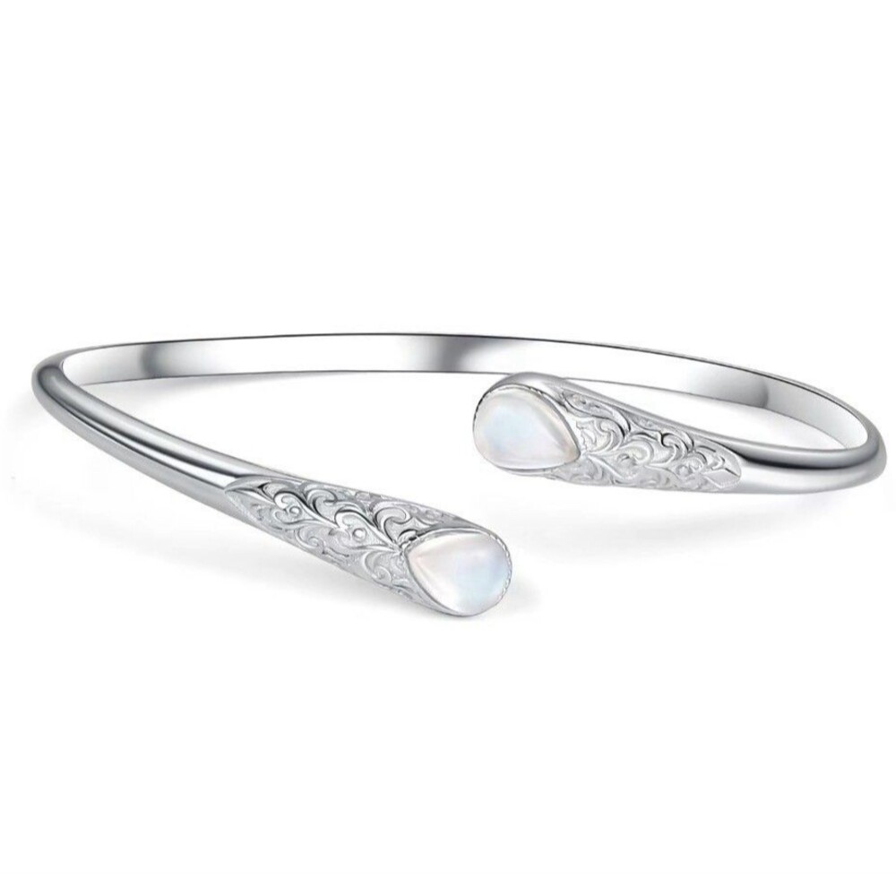 New Natural Moonstone Lead Free Copper Cuff Bangle Adjustable Bracelet. Silver.